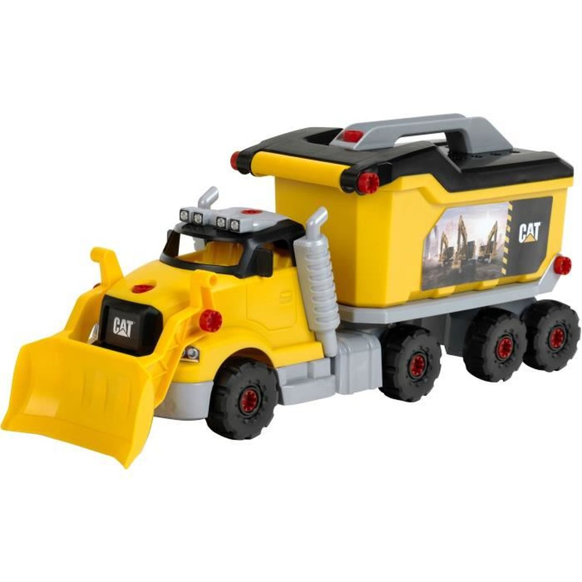 Żółta zabawka wywrotka z pługiem śnieżnym i logo CAT.