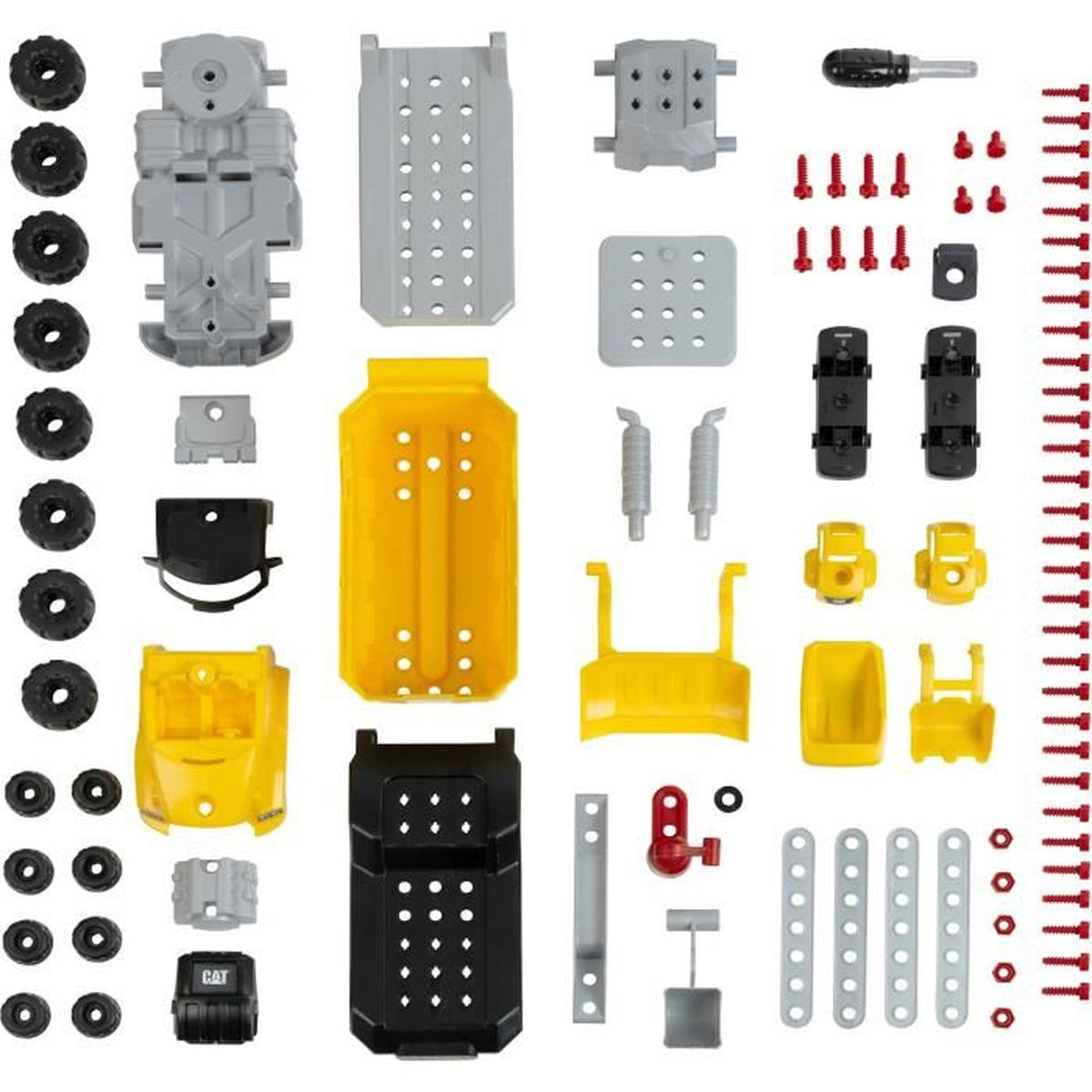 Zestaw pojazdu budowlanego dla dzieci z żółtymi, szarymi częściami, kołami, śrubami i narzędziami.