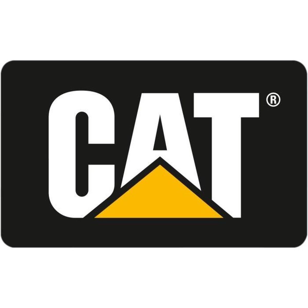 Logo CAT na czarnym tle, w kolorze białym, z żółtym trójkątem.