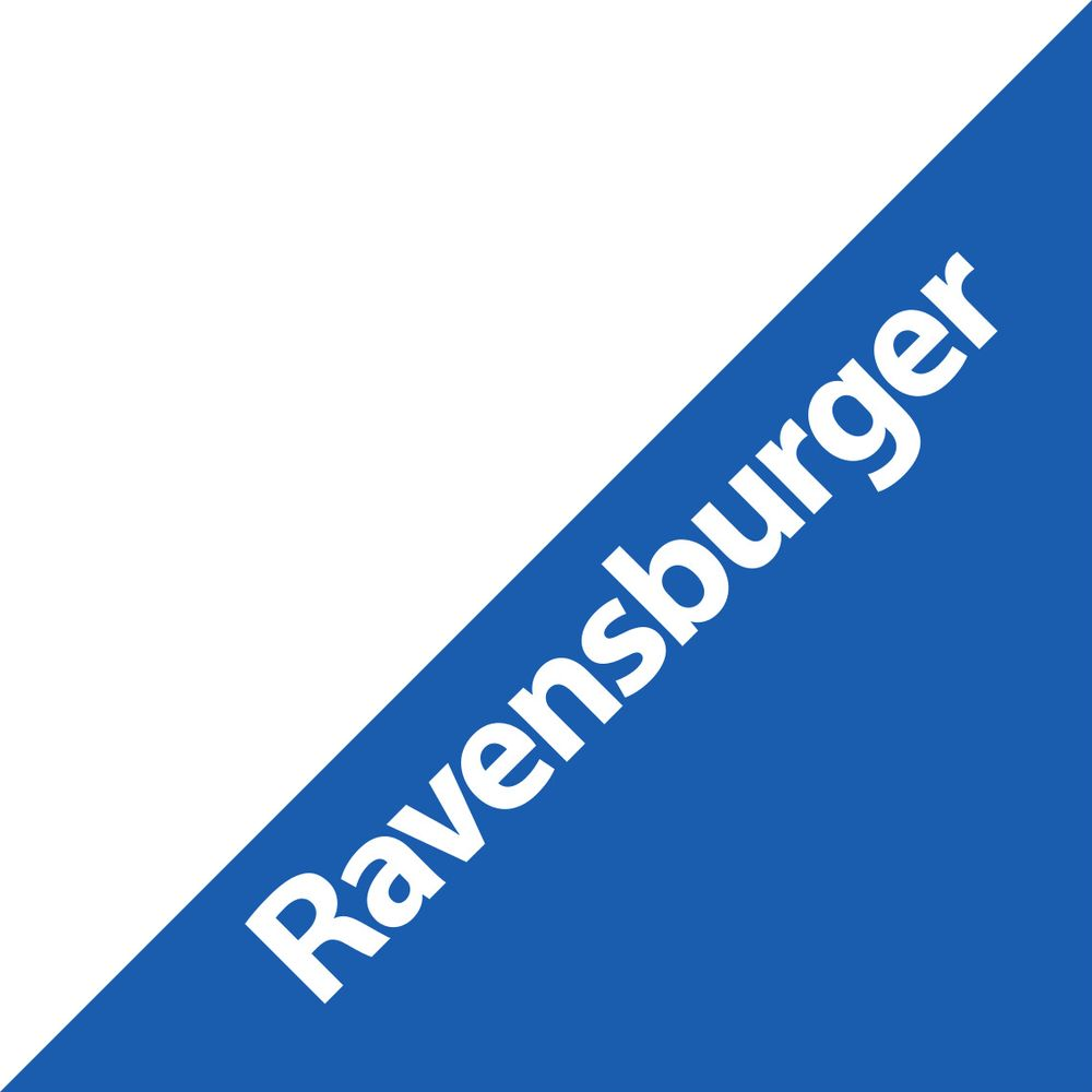 Niebieski trójkąt z białym napisem Ravensburger.