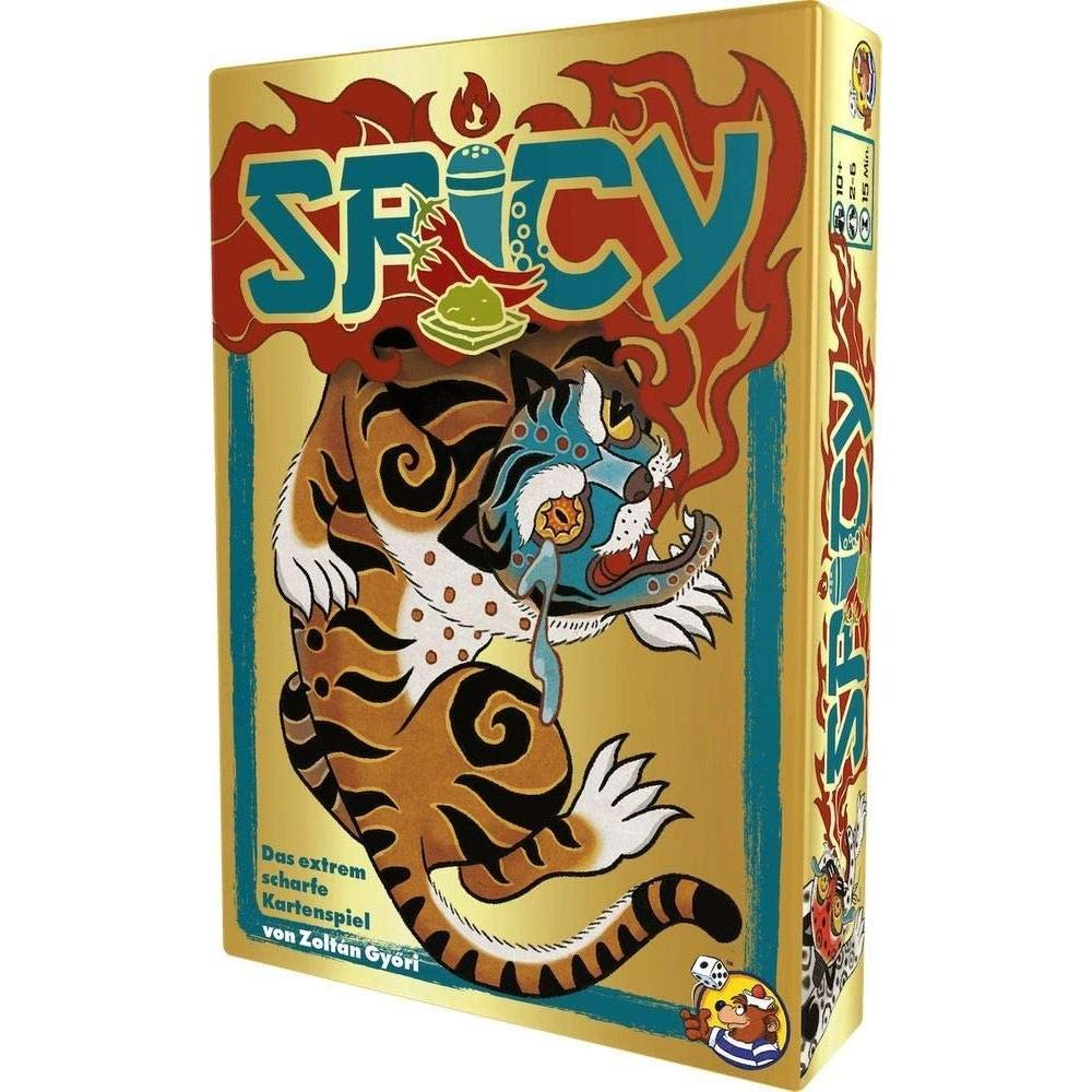 Boîte de jeu dorée avec un tigre et des flammes. Titre "SPICY".