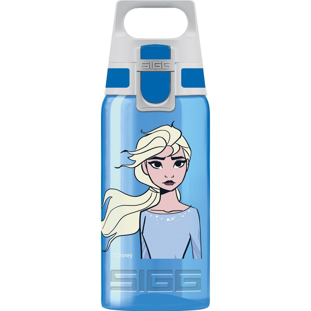 Blaue Trinkflasche mit Elsa-Bild und Sigg-Logo.