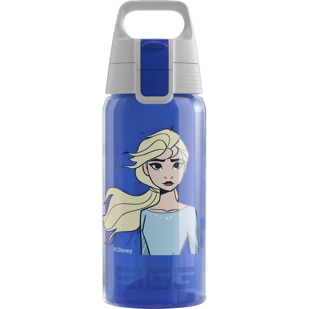 Blaue Trinkflasche mit Elsa-Motiv und weißem Griff.