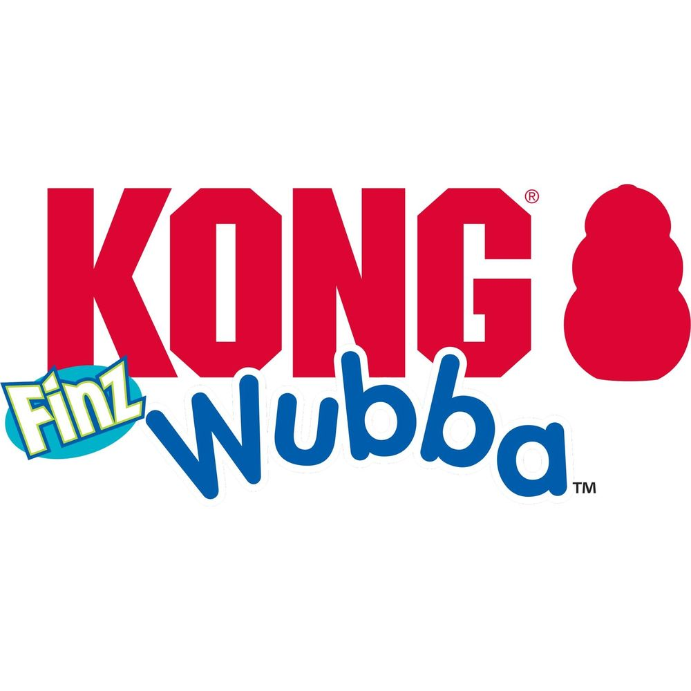 Logo: Roter KONG-Schriftzug über blauem WUBBA-Schriftzug. Rechts rotes Kong-Spielzeug.