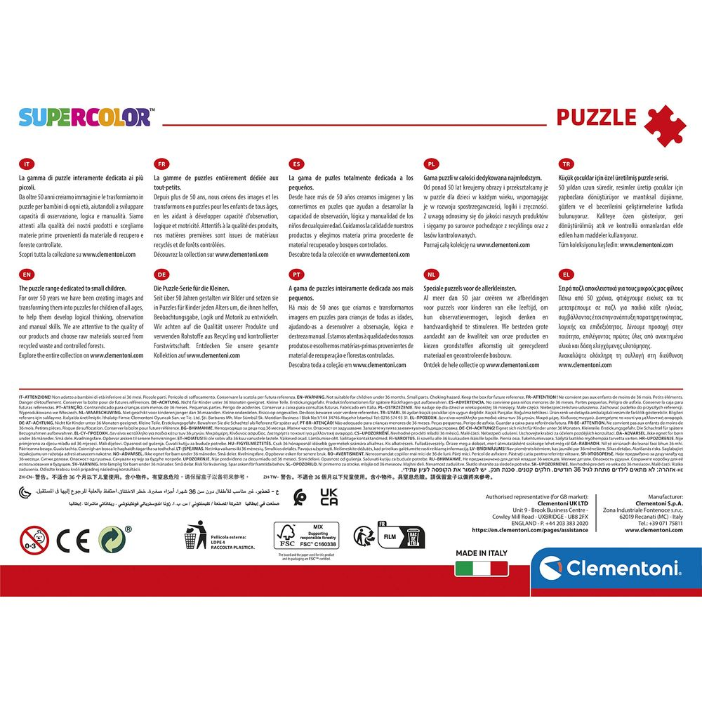 Logo SuperColor Puzzle con descrizione prodotto multilingue e avvertenze.