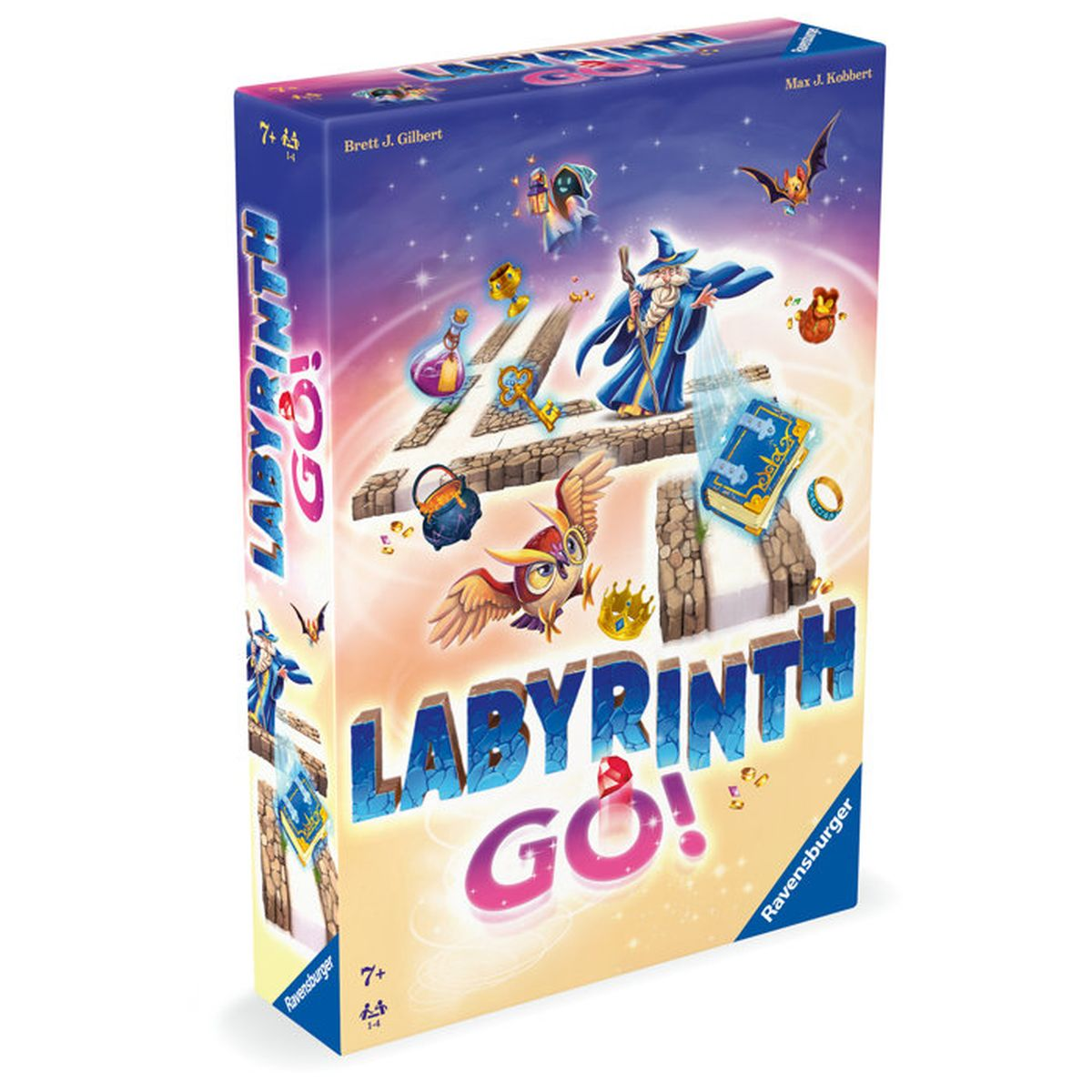 Bordspel "Labyrinth GO!" met tovenaar, uil, vleermuis en magische voorwerpen.