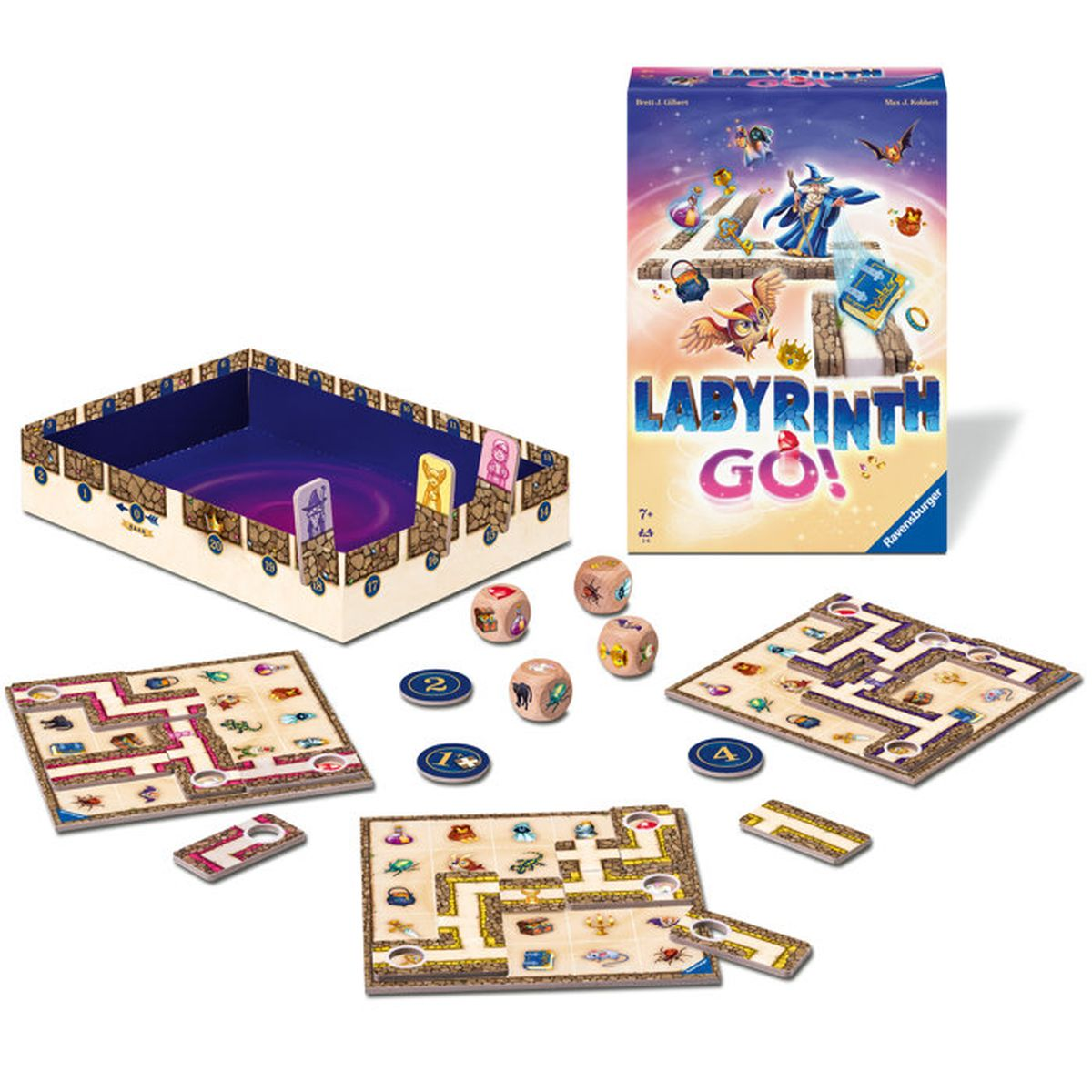 Labyrinth Go! spelbord, dobbelstenen, kaarten en doos.