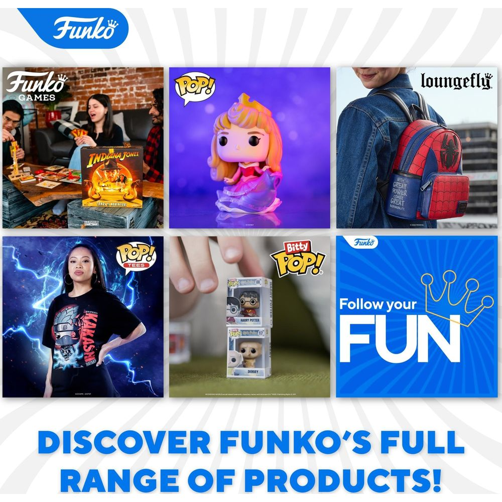 Collage mit Funko-Produkten: Brettspiel, Figuren und Kleidung.