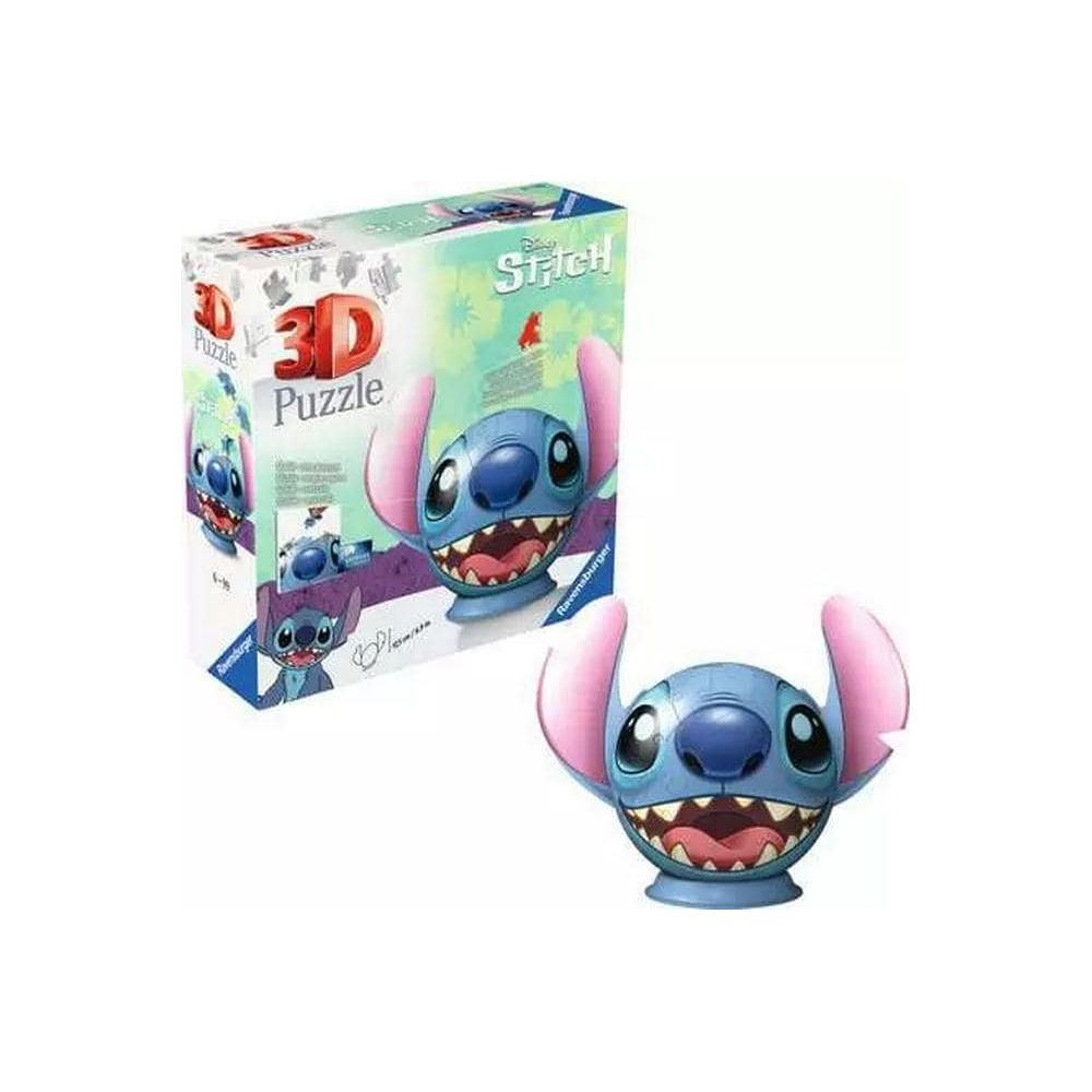 Puzzle 3D Stitch, pokazujące pudełko i gotowy model na białym tle.