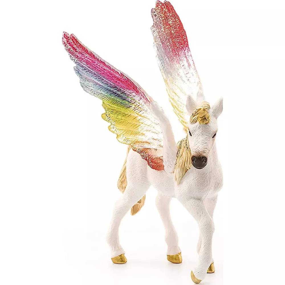 Un Pégase blanc aux ailes arc-en-ciel se tient sur fond blanc.