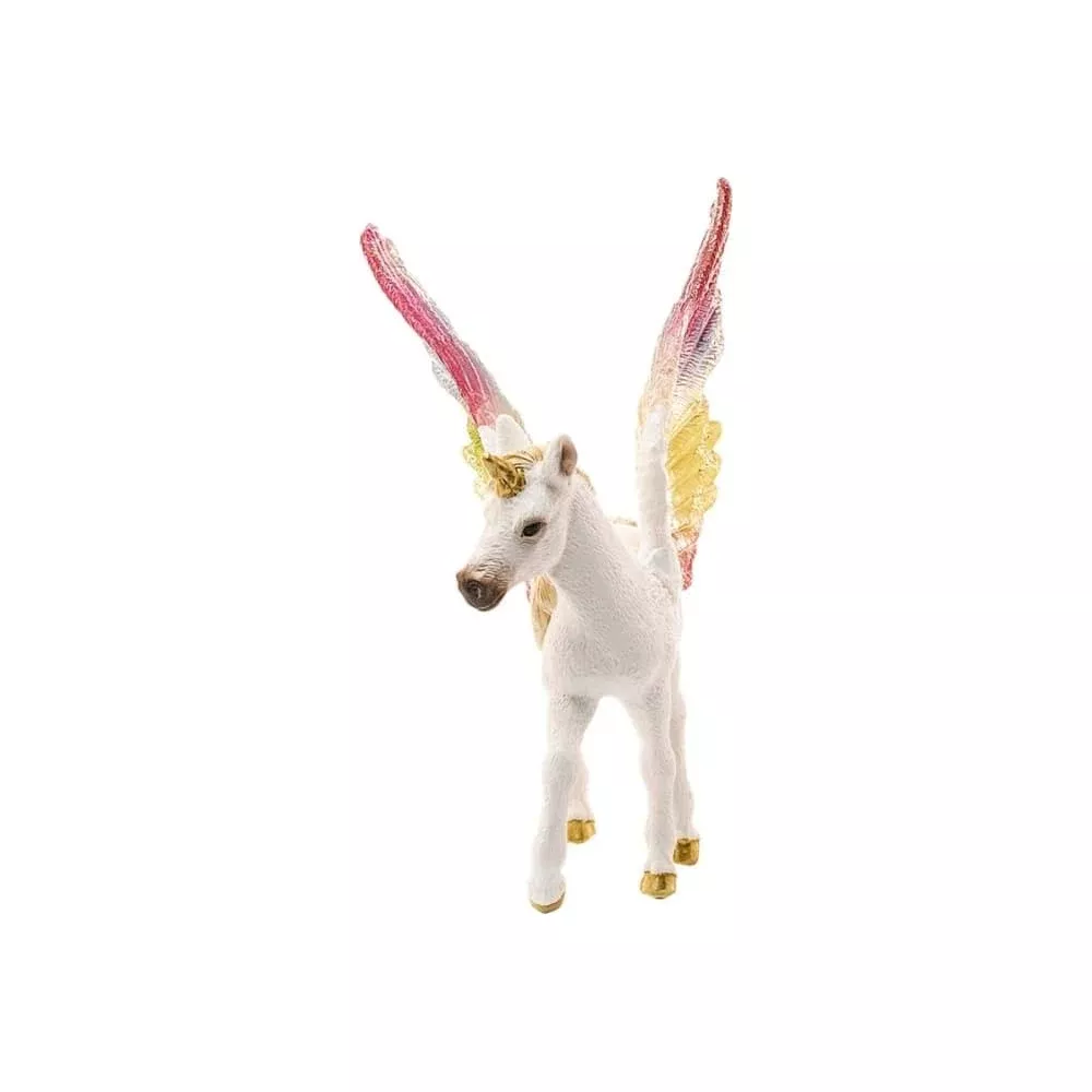 Figurine blanche de Pégase aux ailes colorées et corne dorée.