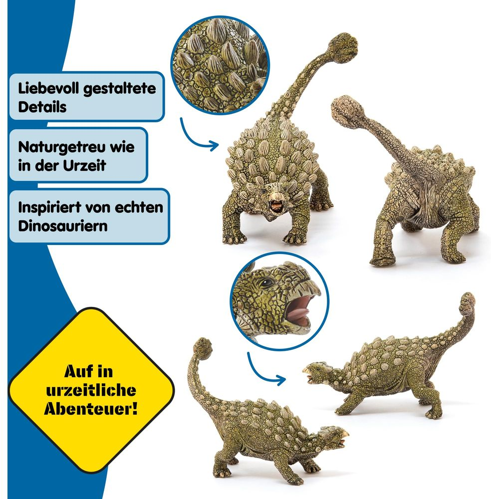 Trzy zielone figurki dinozaurów w różnych pozach ze szczegółowymi łuskami.