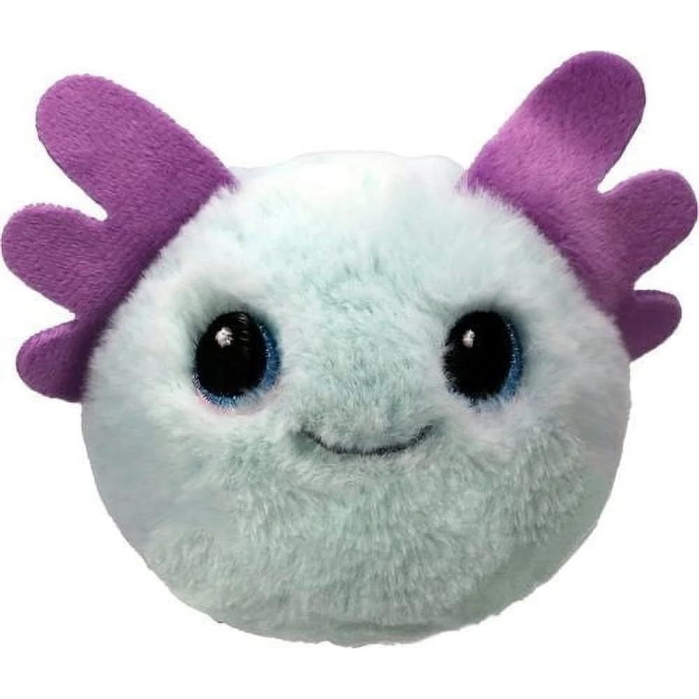 Un peluche azzurro con branchie viola e grandi occhi neri.