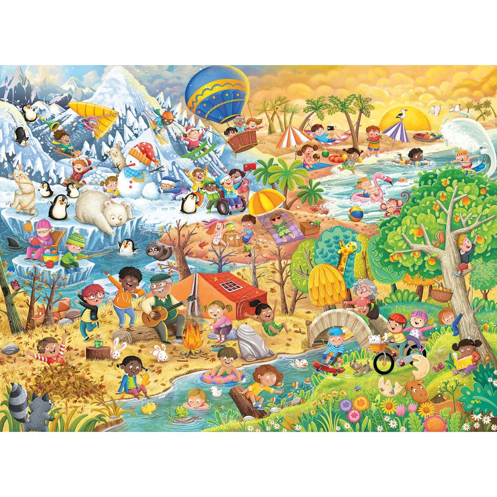 Una scena vibrante mostra le stagioni: inverno con orsi polari, primavera con fiori, estate in spiaggia, autunno vicino tende.