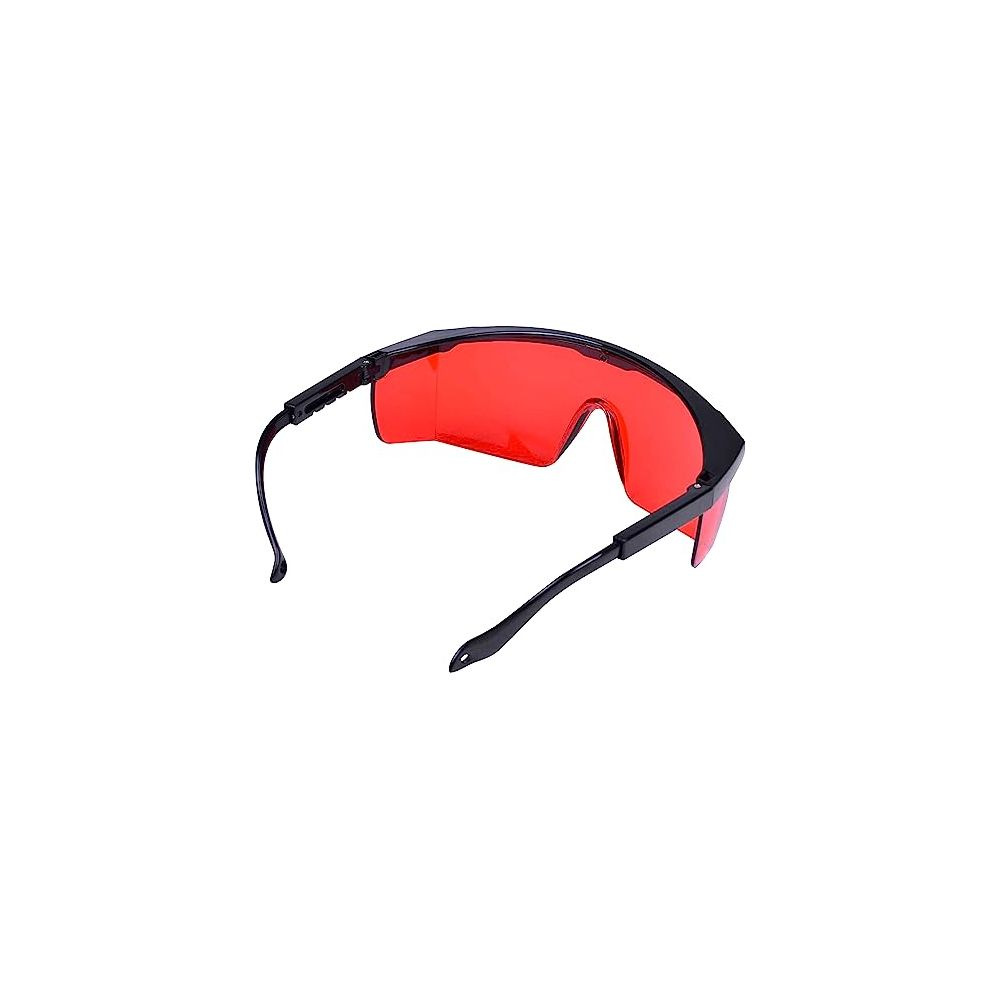 Schwarze Schutzbrille mit roten Gläsern, auf weißem Hintergrund.