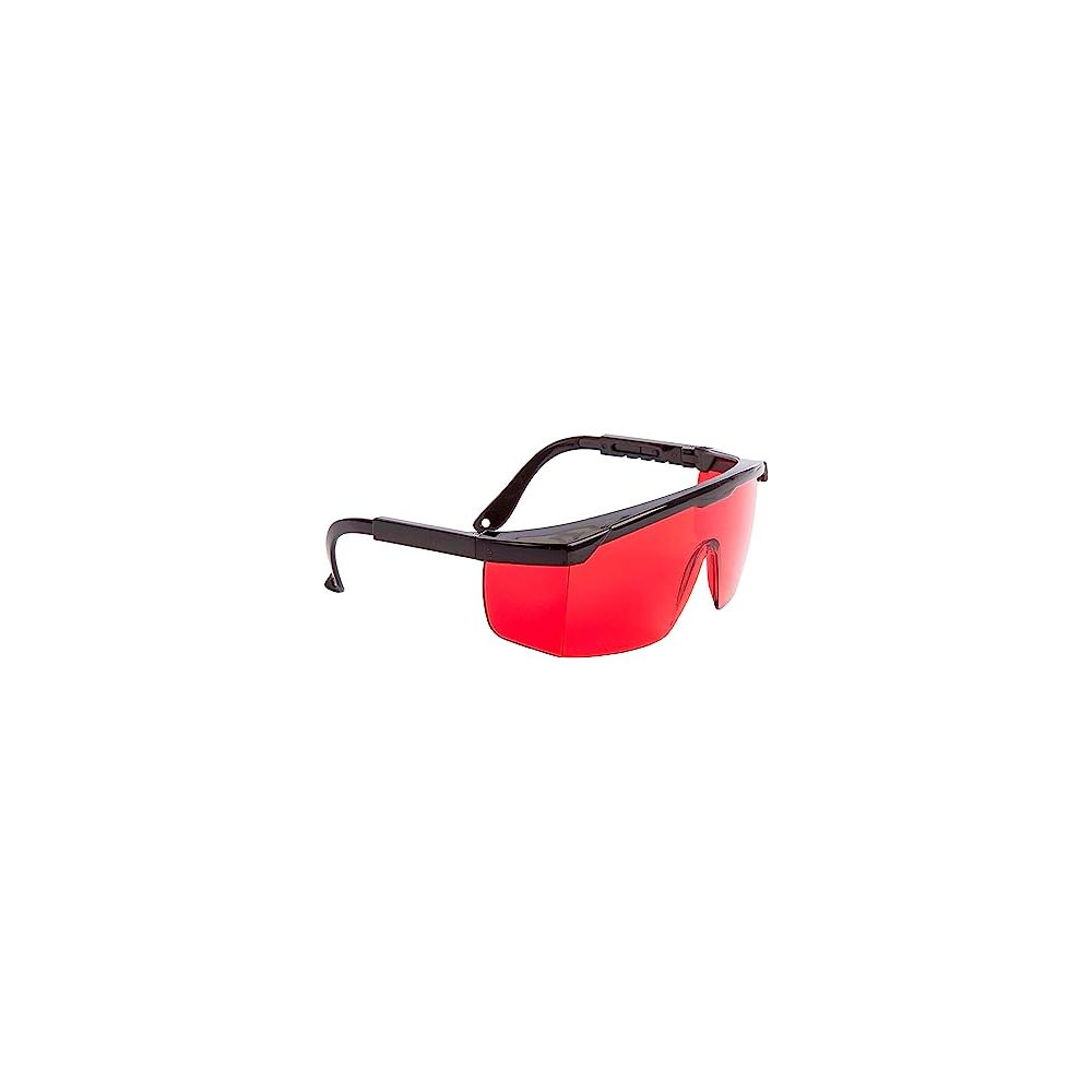 Schwarze Schutzbrille mit roten Gläsern auf weißem Hintergrund.
