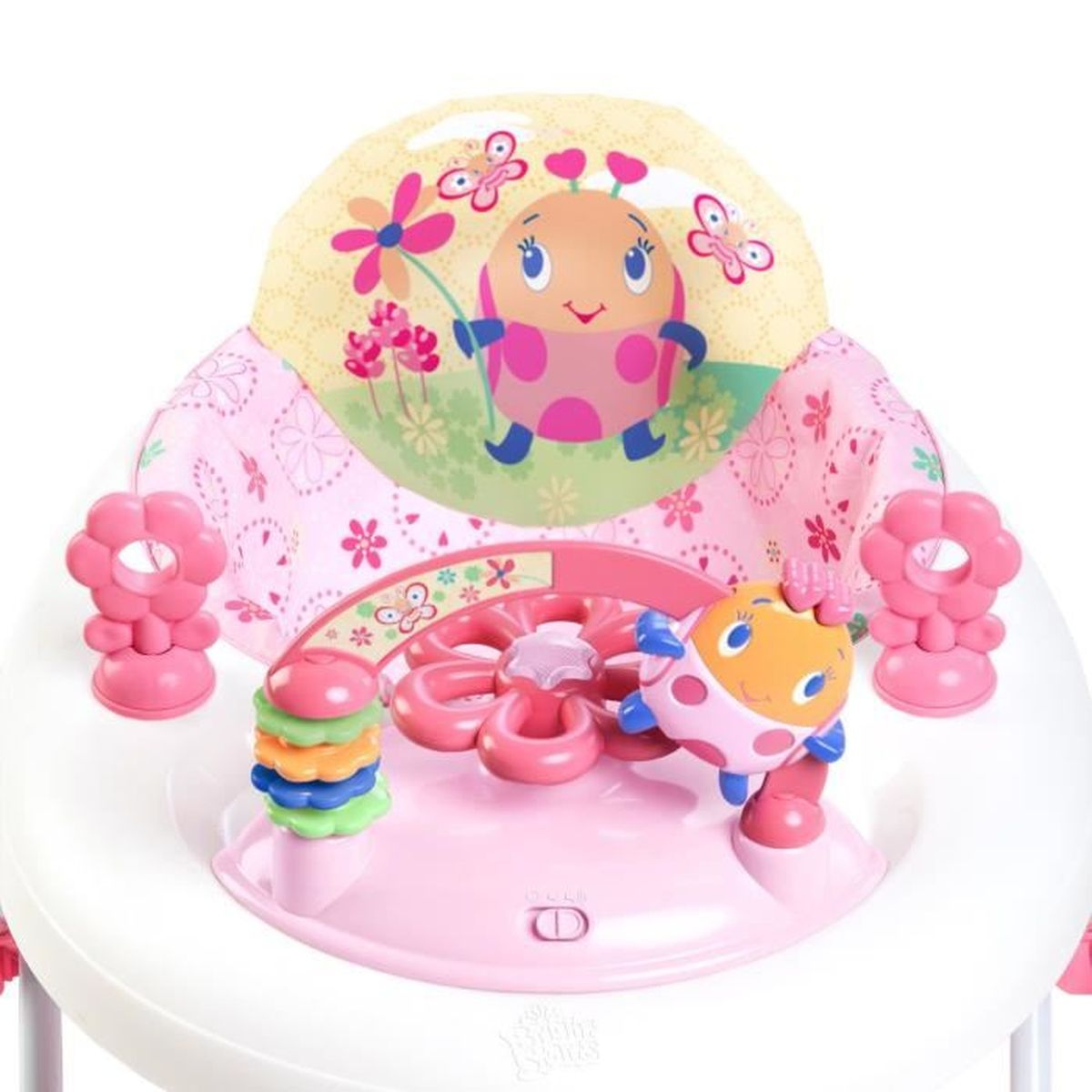 Ein rosa Baby-Walker mit Spielzeug, einem Marienkäfer und Blumen.