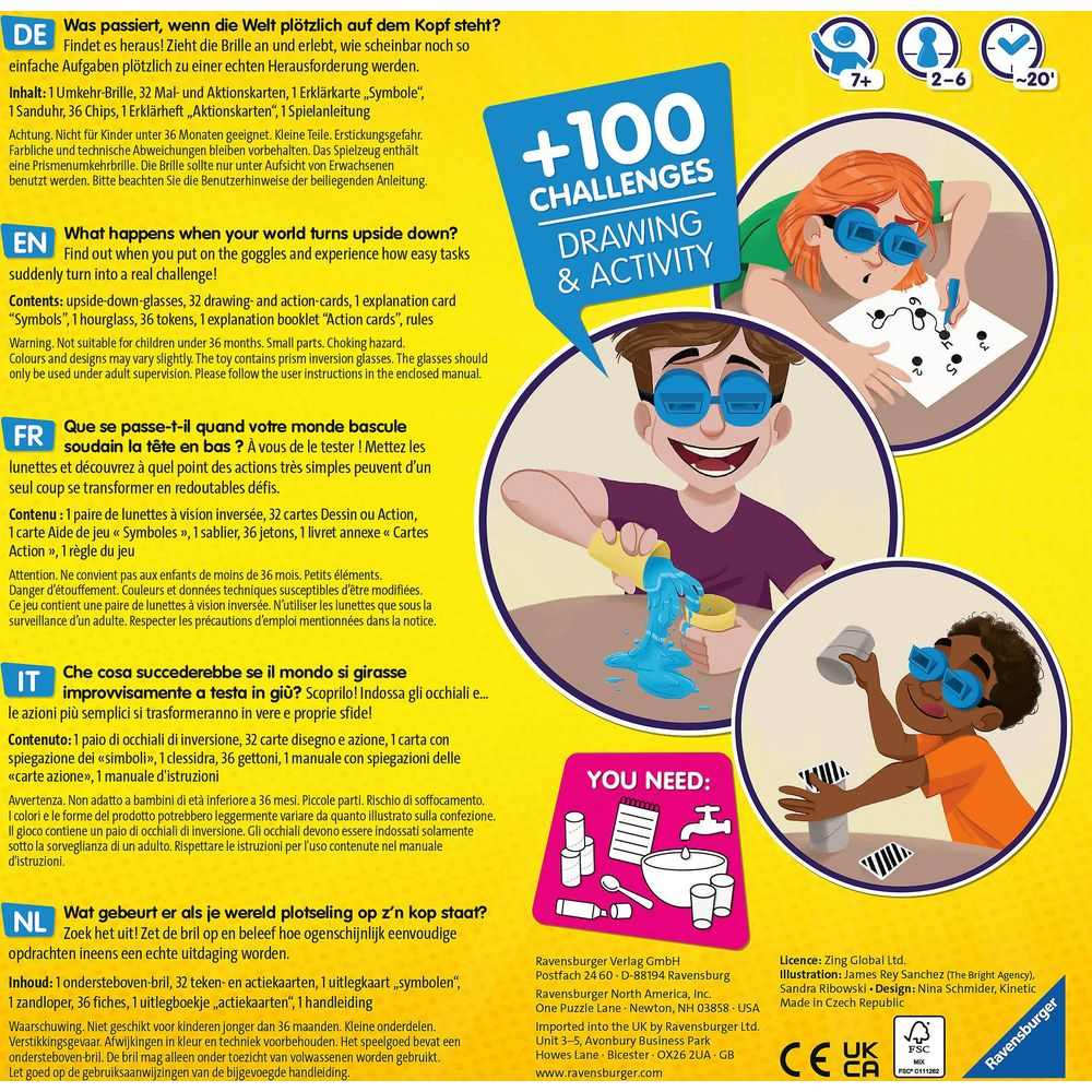 Mehrsprachige Spielanleitung mit Illustrationen von Kindern, die eine Umkehrbrille tragen.