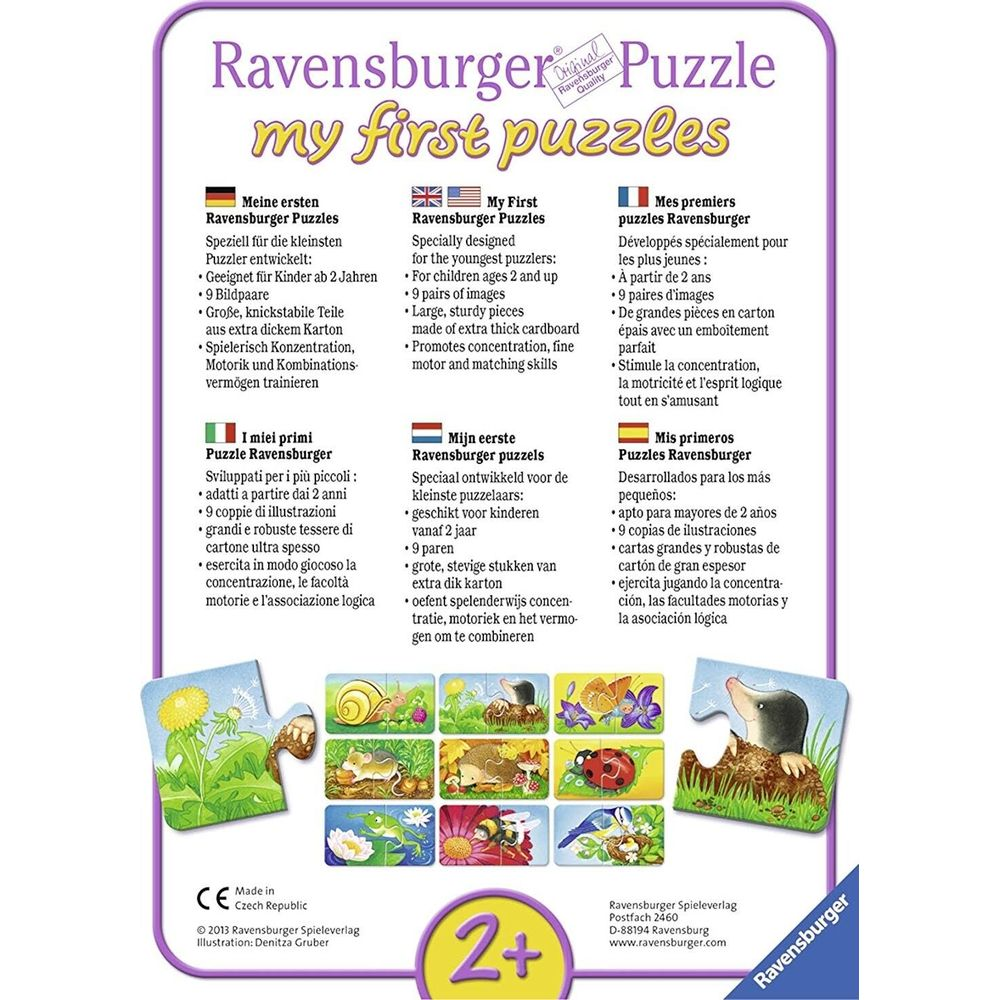 Ravensburger Puzzle: Wielojęzyczny opis produktu z obrazkami puzzli.