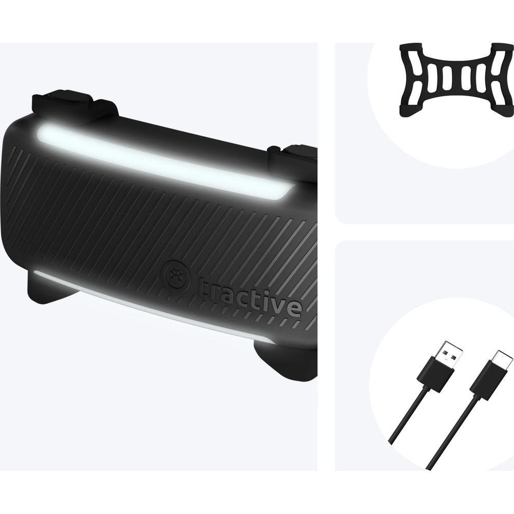 Czarny tracker z podświetlanymi paskami, zawieszka w kształcie kości i kabel USB.