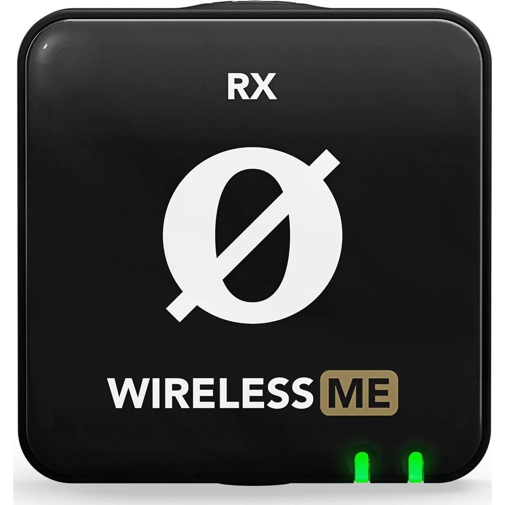 Ricevitore wireless nero con RX, grande cerchio bianco con linea e testo WIRELESS ME.