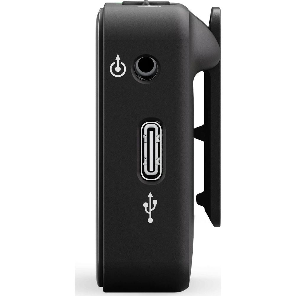 Dispositivo nero con USB-C, porta USB e simbolo di accensione.