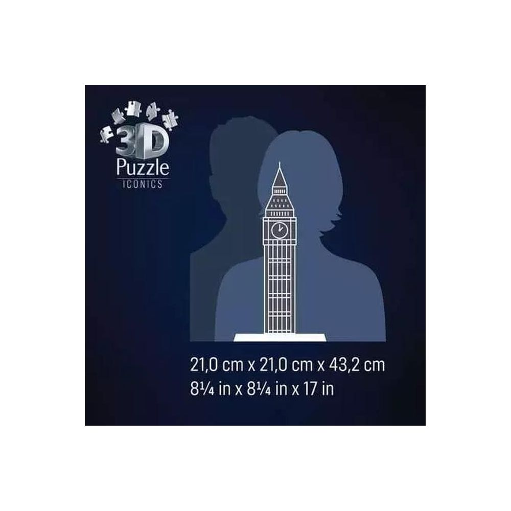 Puzzle 3D Iconics con silueta de Big Ben y dimensiones.