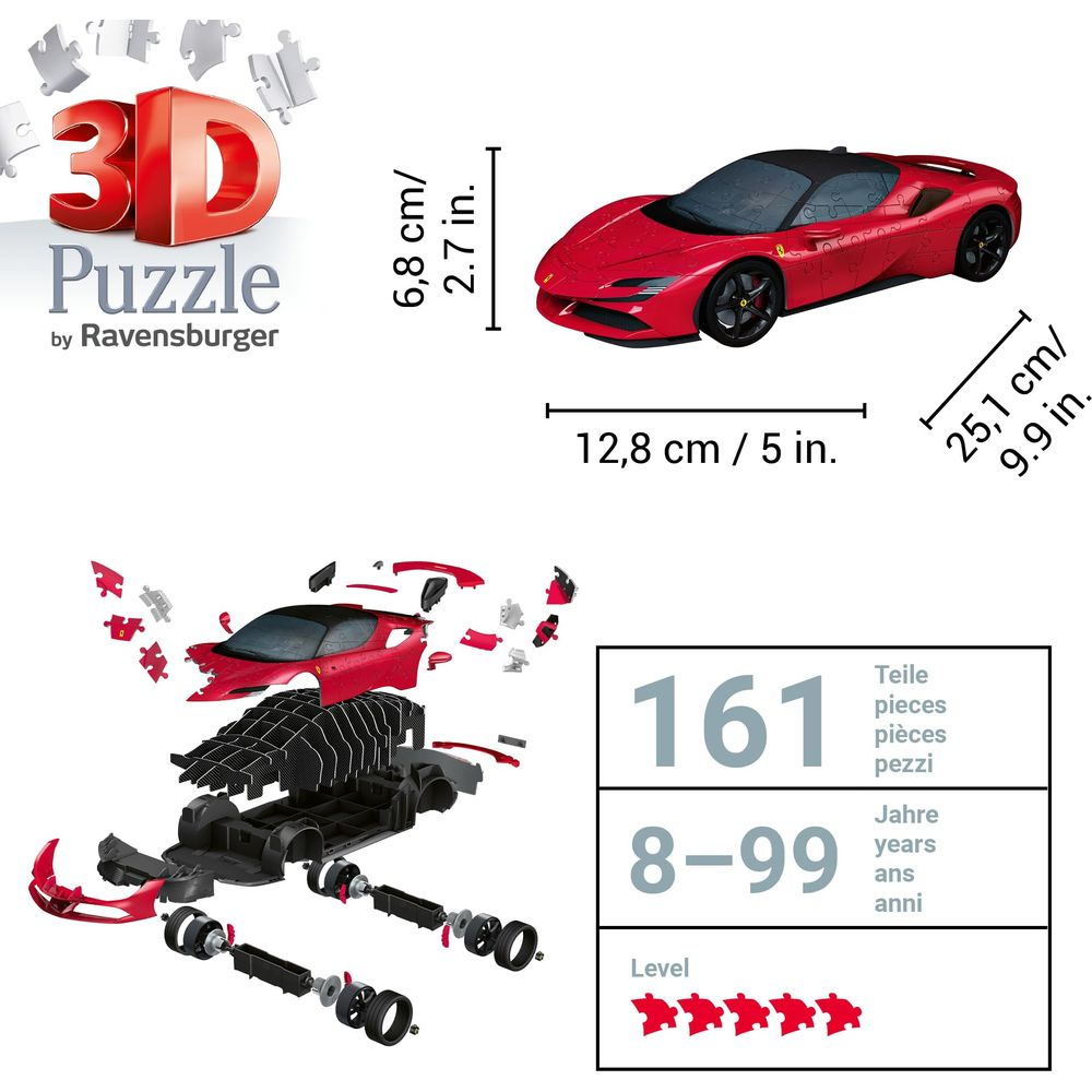 Puzzle 3D czerwonego Ferrari z wymiarami i widokiem rozłożonym.