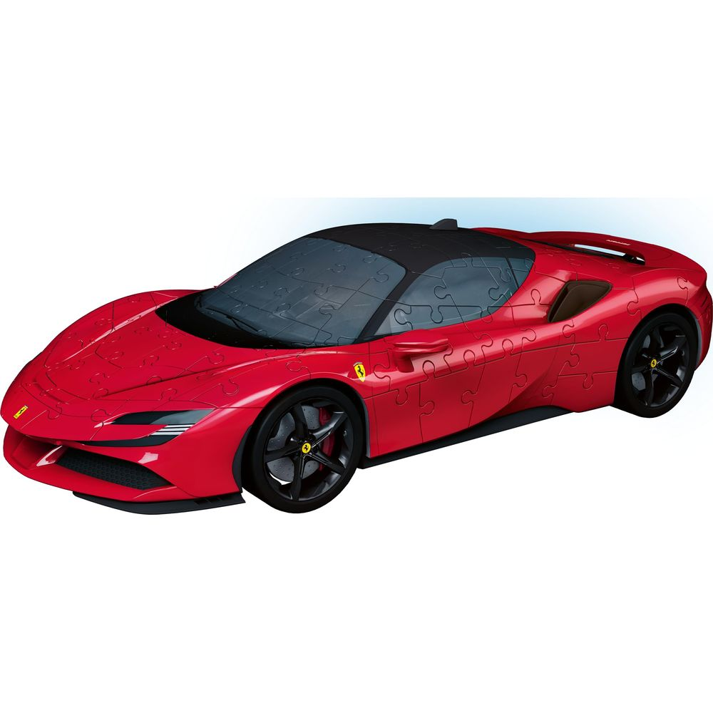 Czerwony samochód puzzle Ferrari z czarnym dachem i kołami.