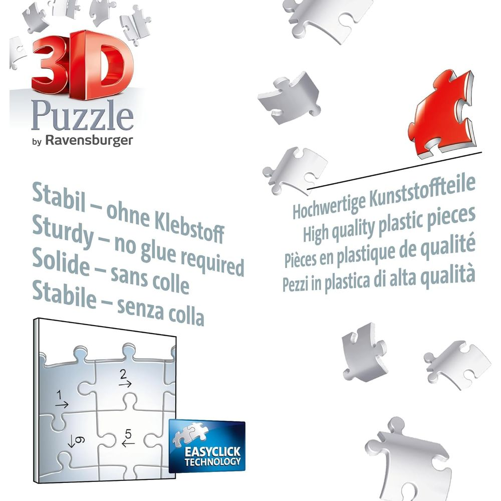 Puzzle 3D Ravensburger. Solidne plastikowe elementy bez kleju.
