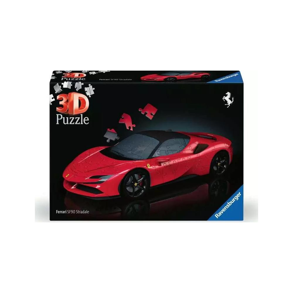 Pudełko czerwonej łamigłówki 3D Ferrari SF90 Stradale firmy Ravensburger.