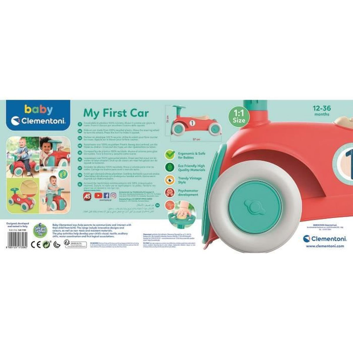 Macchinina cavalcabile Baby Clementoni rossa e turchese con 4 ruote, per 12-36 mesi.