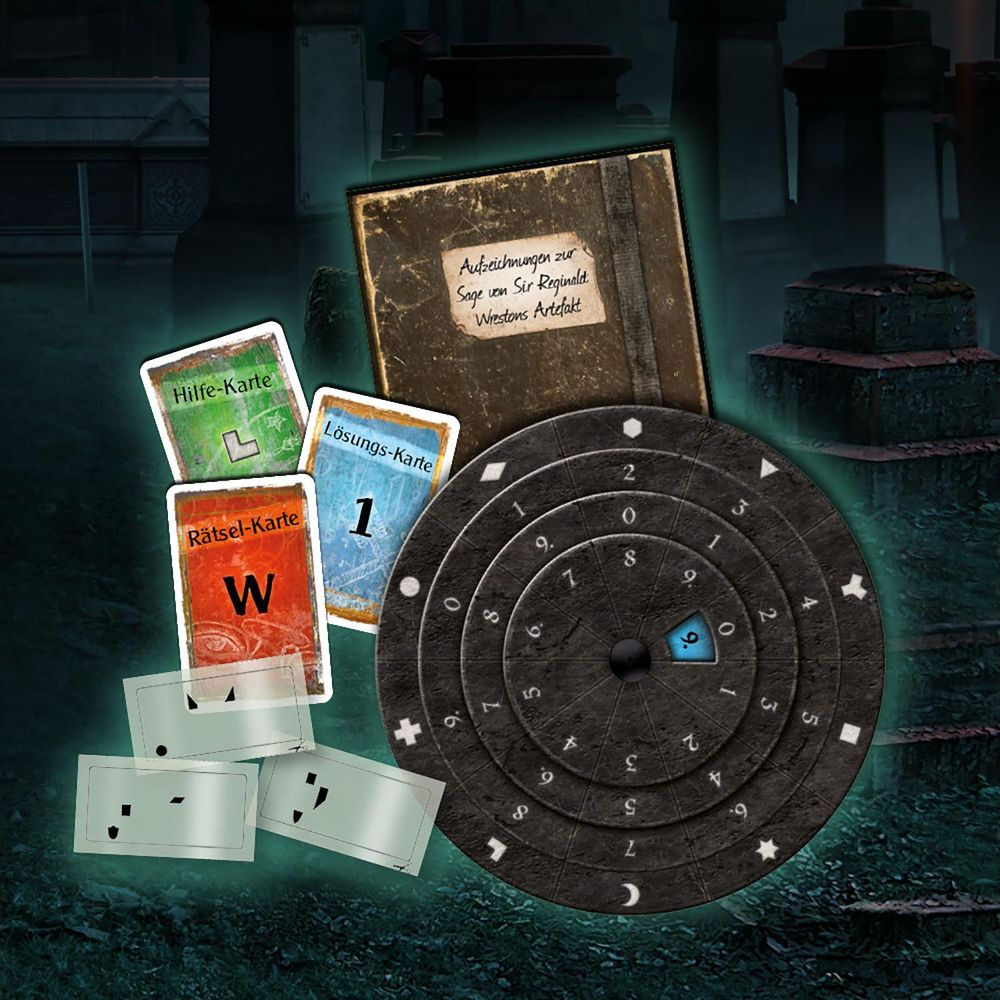 Spielmaterialien: Buch, Spielbrett, Karten. Dunkler Hintergrund mit Grabsteinen.