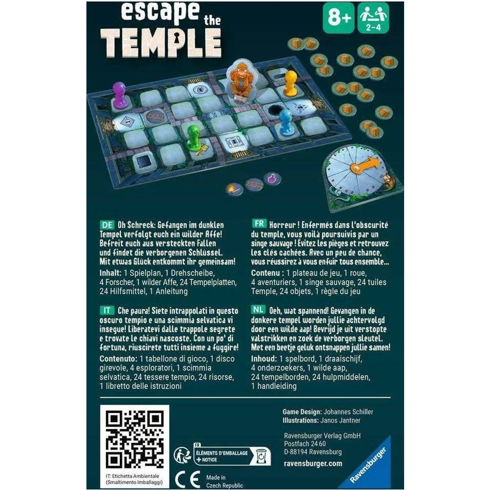 Escape the Temple Brettspiel mit Affe, Spielfiguren und Spielbrett.