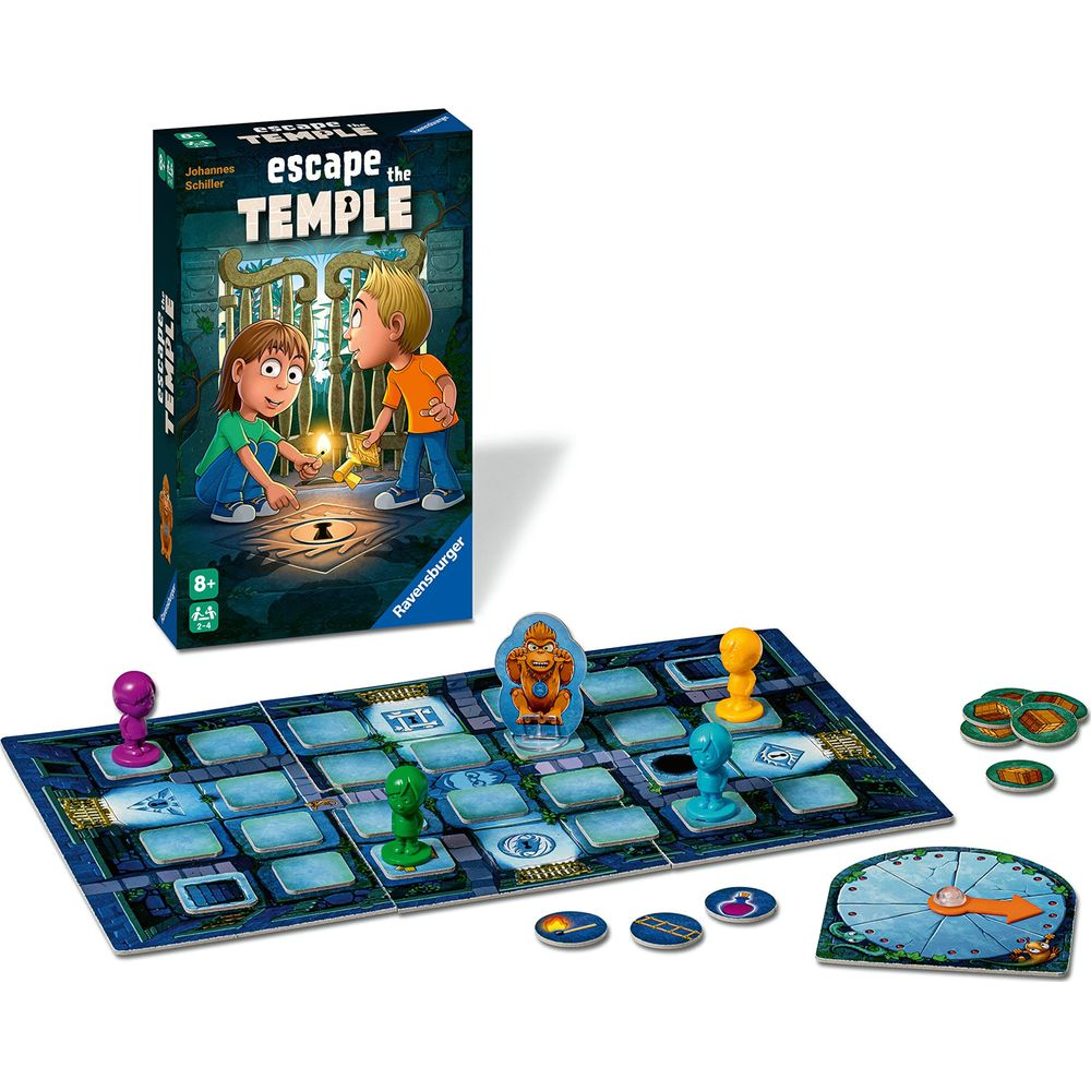 Brettspiel 'Escape the Temple' mit Spielfeld, Figuren und Box. Affenfigur im Zentrum.