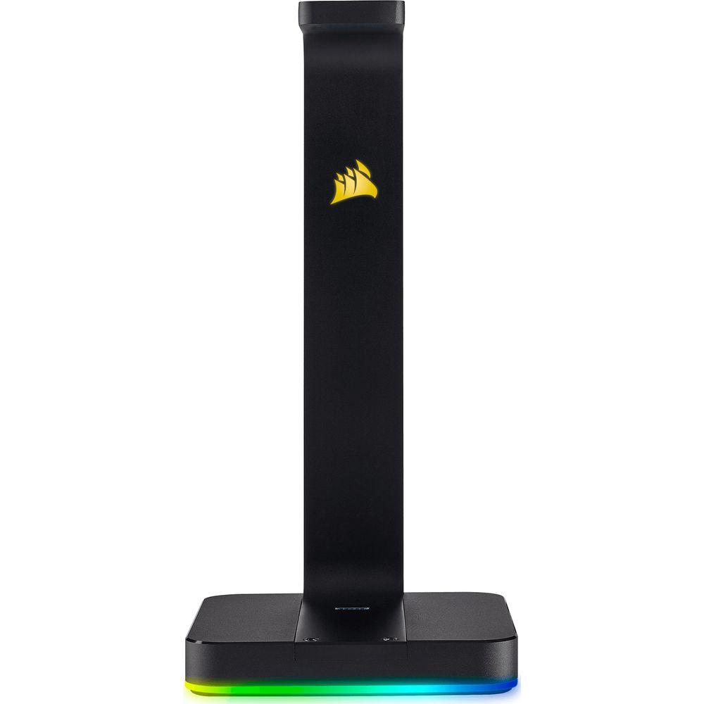 Schwarzer Kopfhörerständer mit gelbem Logo und RGB-Beleuchtung am Sockel.