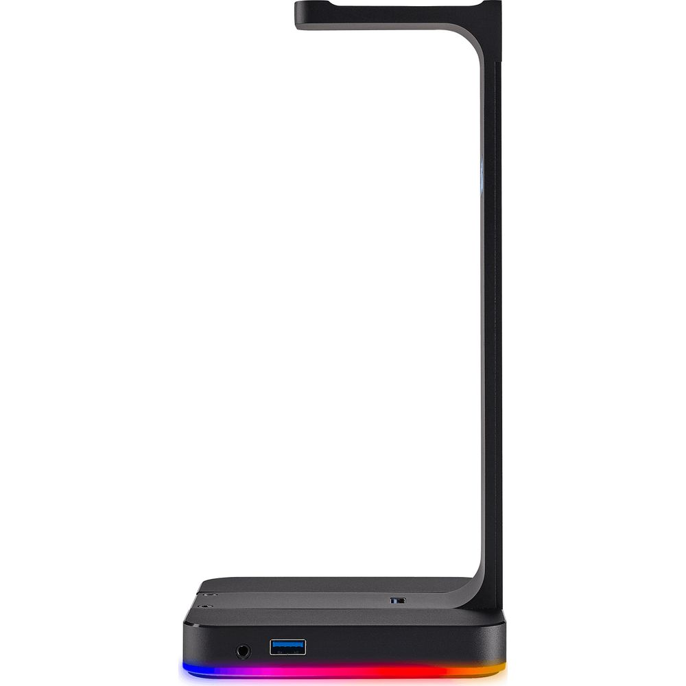 Ein schwarzer Kopfhörerständer mit RGB-Beleuchtung und USB-Anschluss.
