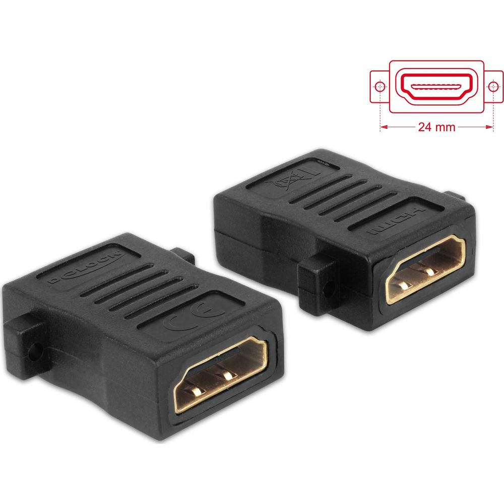 Dwa czarne adaptery HDMI ze złotymi złączami na białym tle.