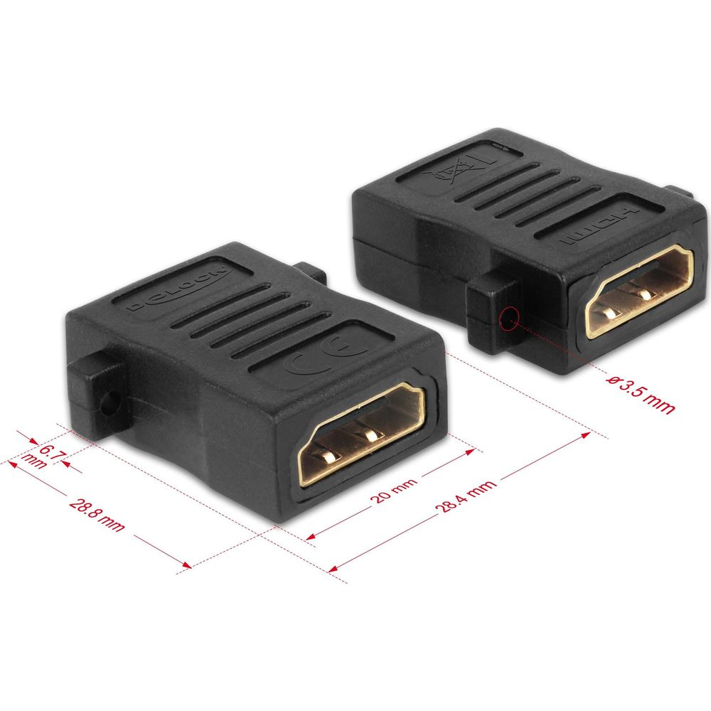 Dwa czarne adaptery HDMI ze złotymi złączami na białym tle.