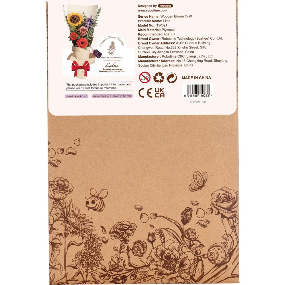 Opakowanie zestawu do rękodzieła z kwiatem bzu z detalami produktu i ilustracjami kwiatowymi.