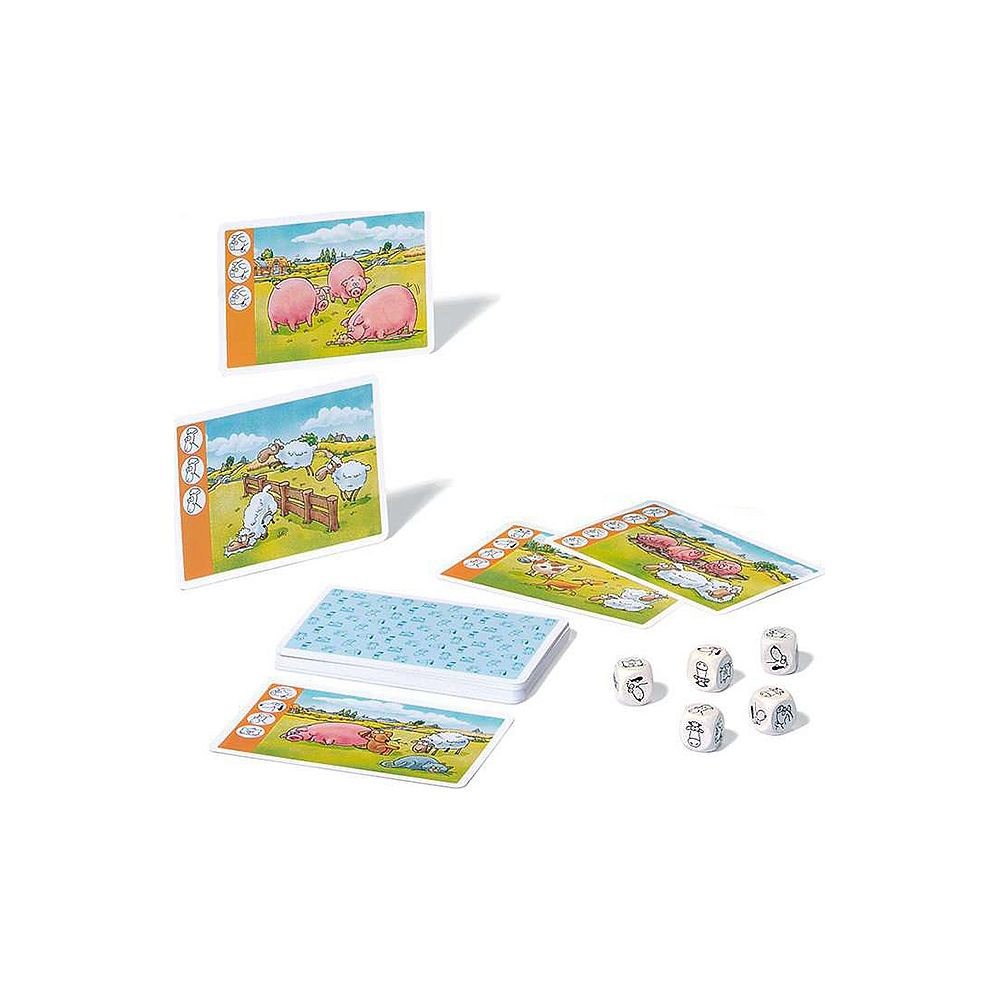 Carte da gioco e dadi con animali della fattoria su sfondo bianco.