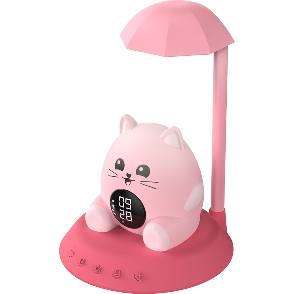 Eine rosa Nachttischlampe in Katzenform mit einem digitalen Wecker.