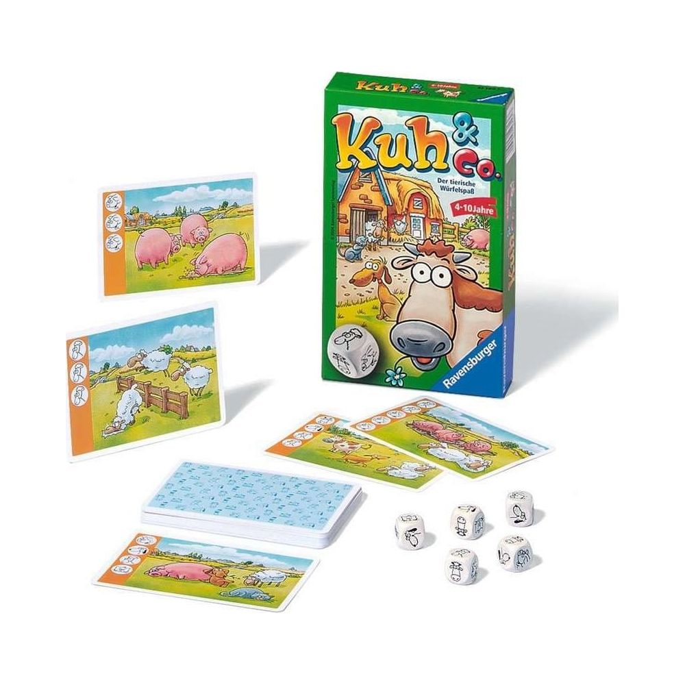 Gioco "Kuh & Co." con carte, dadi e tabellone su sfondo bianco.