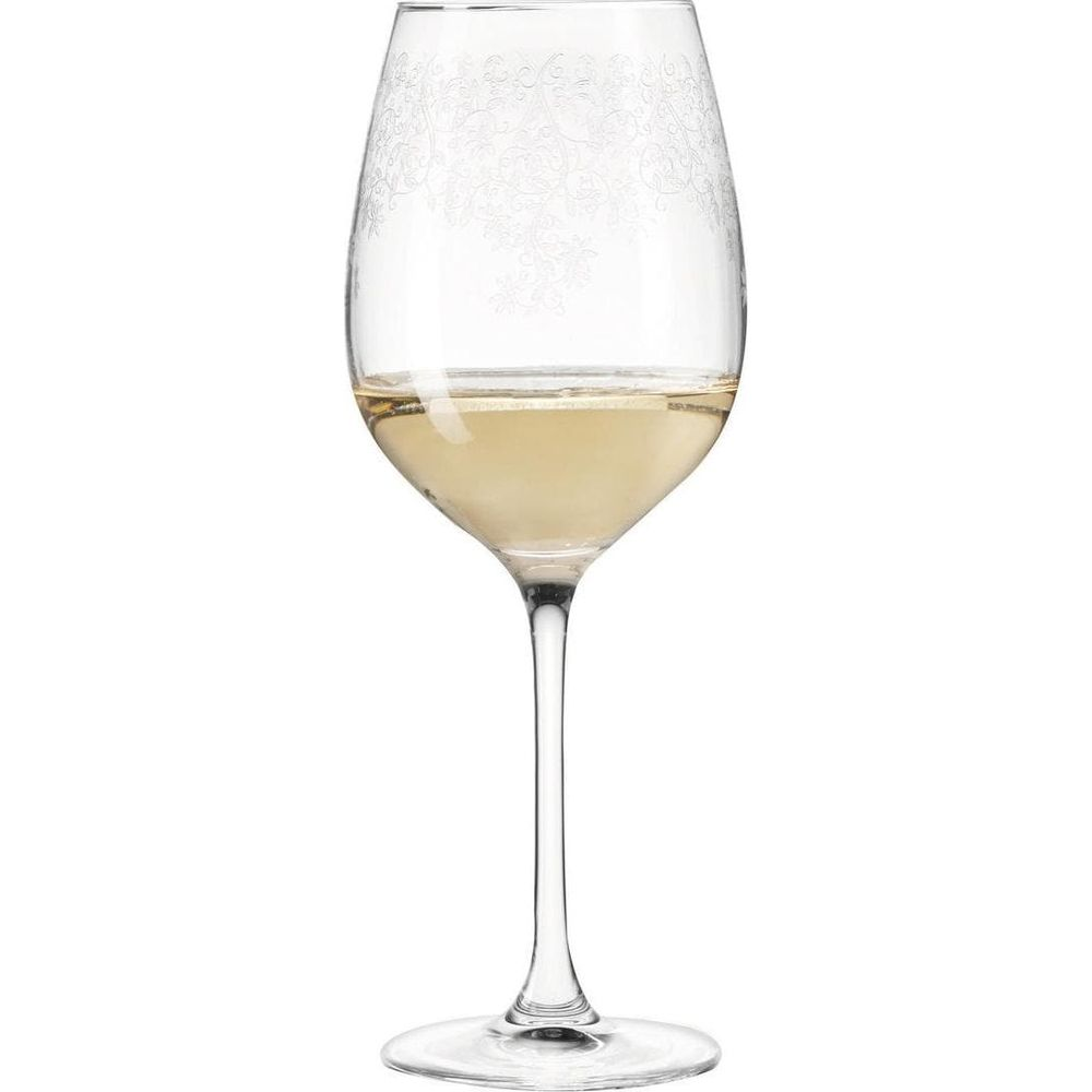 Ein Weinglas mit weißem Wein und einem feinen Muster.