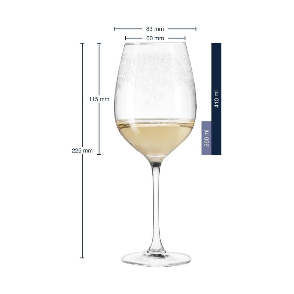 Ein Weinglas mit weißem Wein, Maße und Kapazität sind angegeben.
