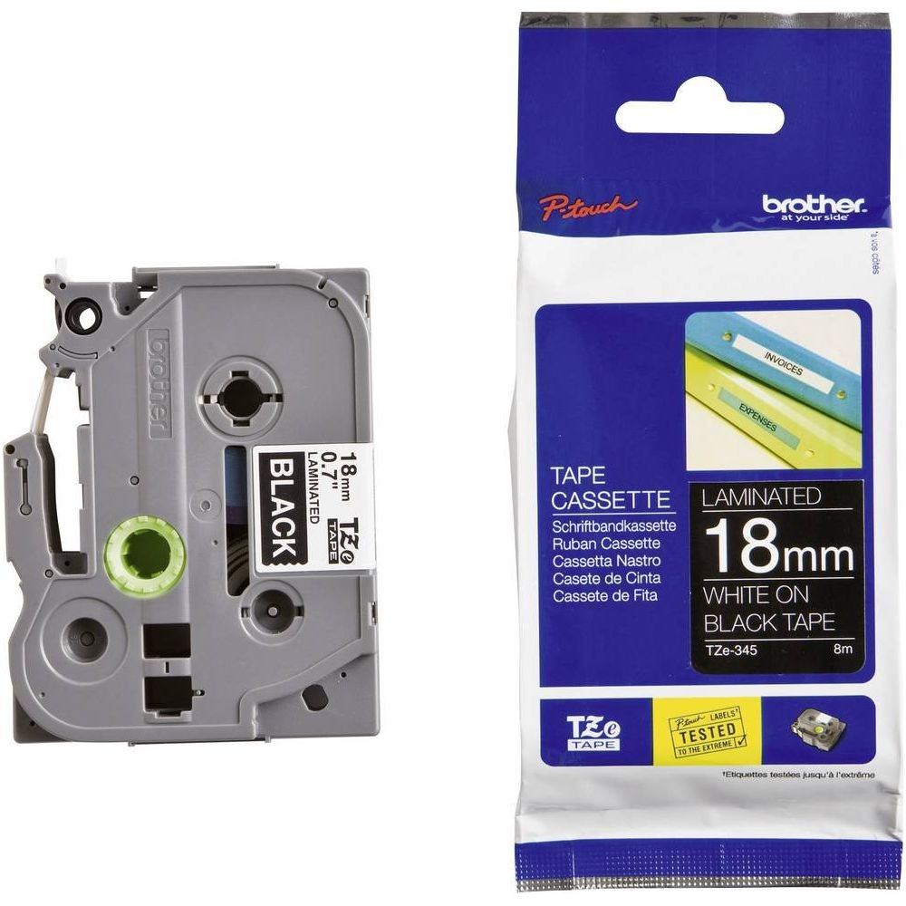 Cassette de ruban Brother TZe-345 noir et emballage avec ruban d'étiquetage.