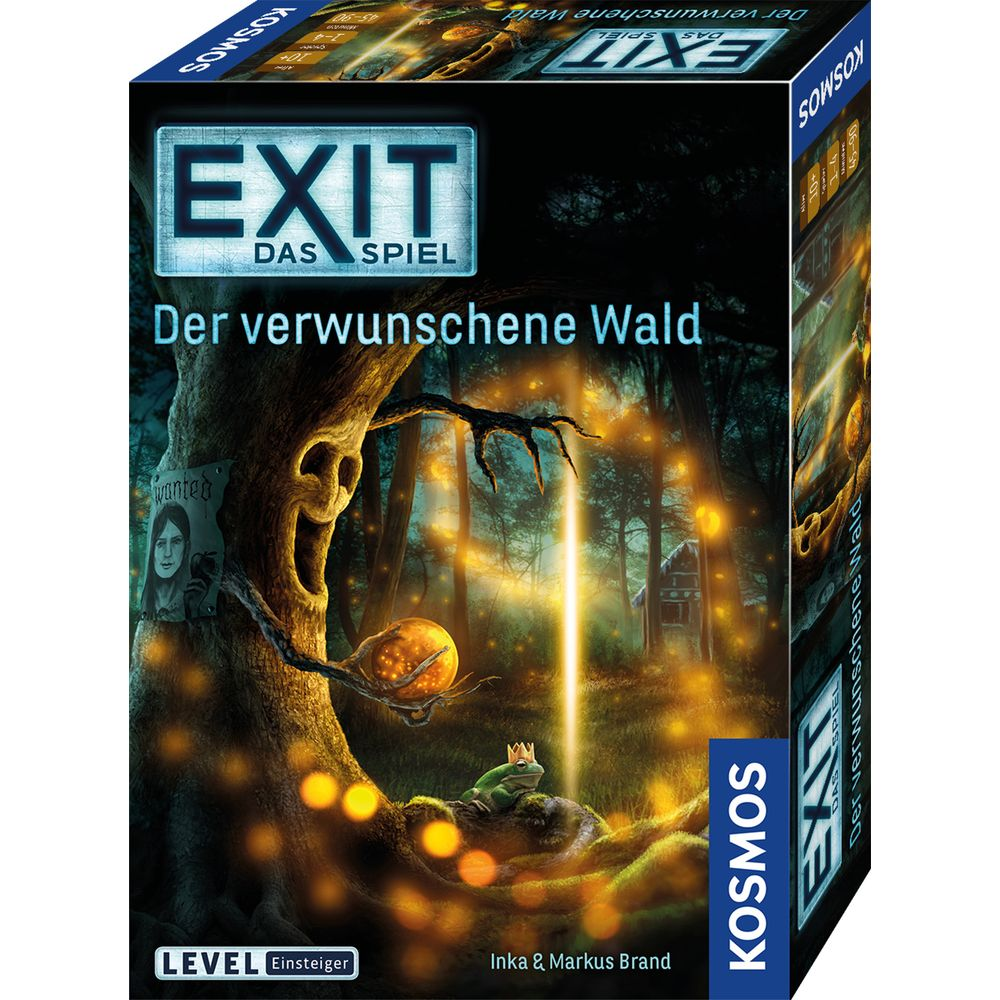 Brettspielbox: Verzauberter Wald mit Baum, Frosch, gesuchter Person und Lichtstrahl.