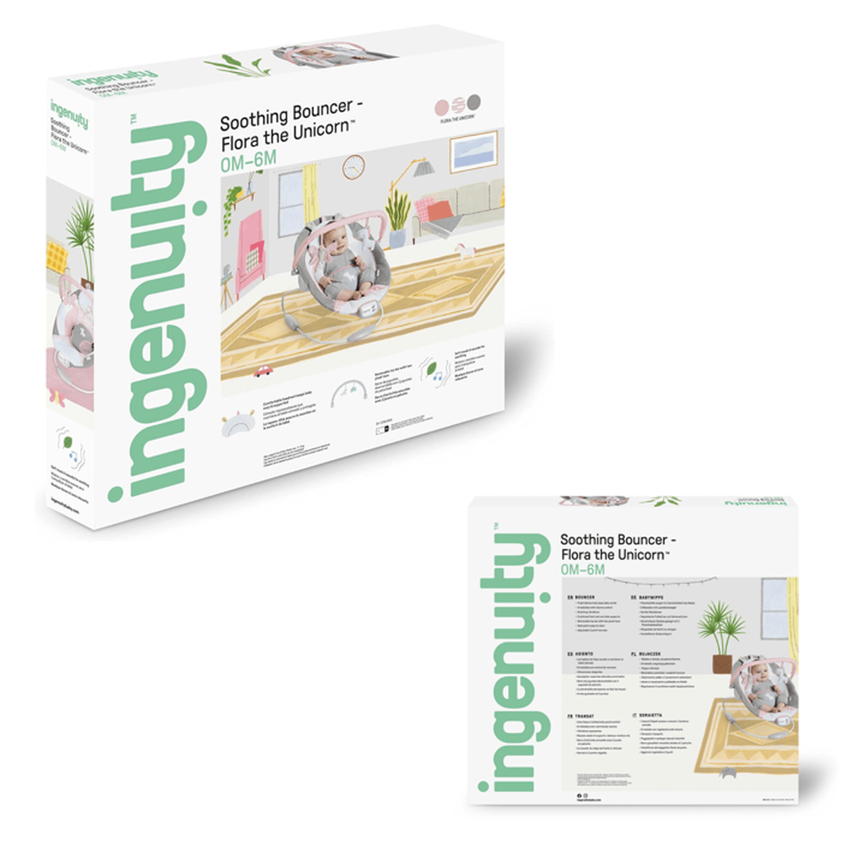 Verpackung für Ingenuity Babywippe Flora the Unicorn, 0-6 Monate.