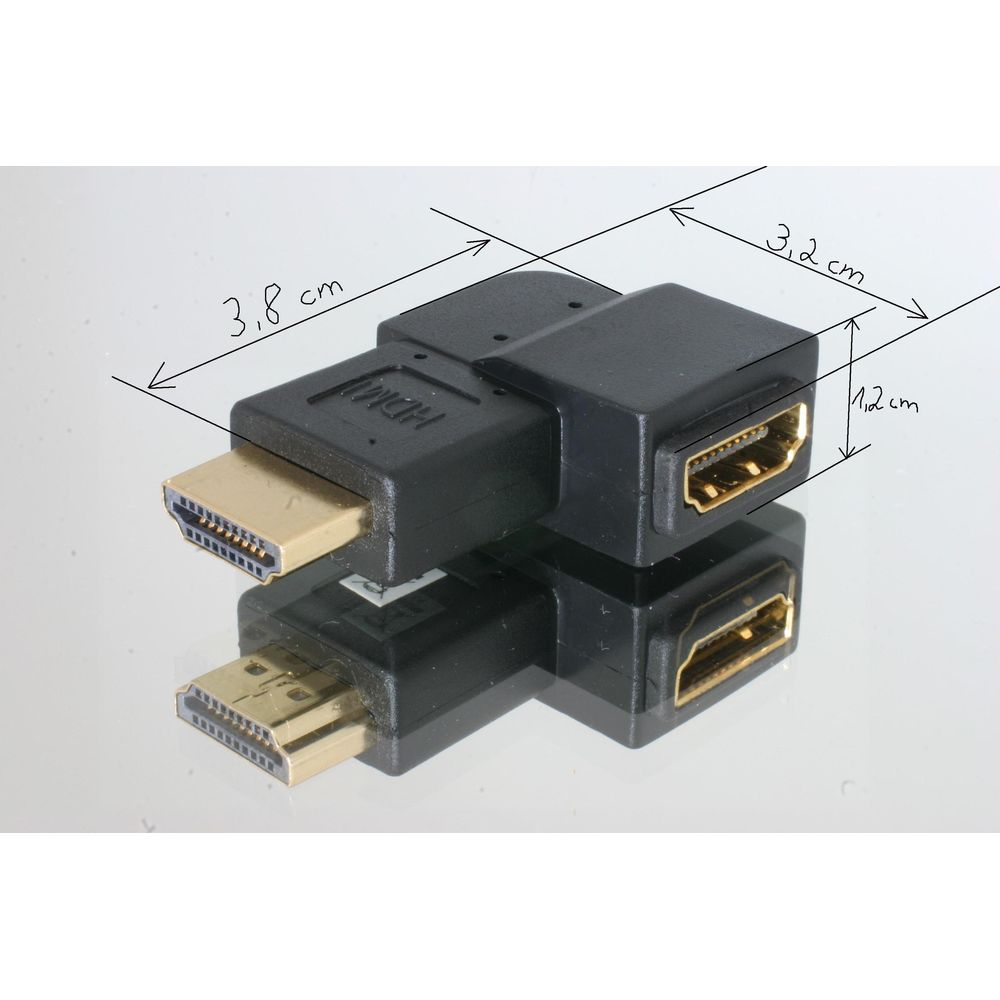 Due adattatori HDMI neri con connettori dorati, dimensioni indicate.