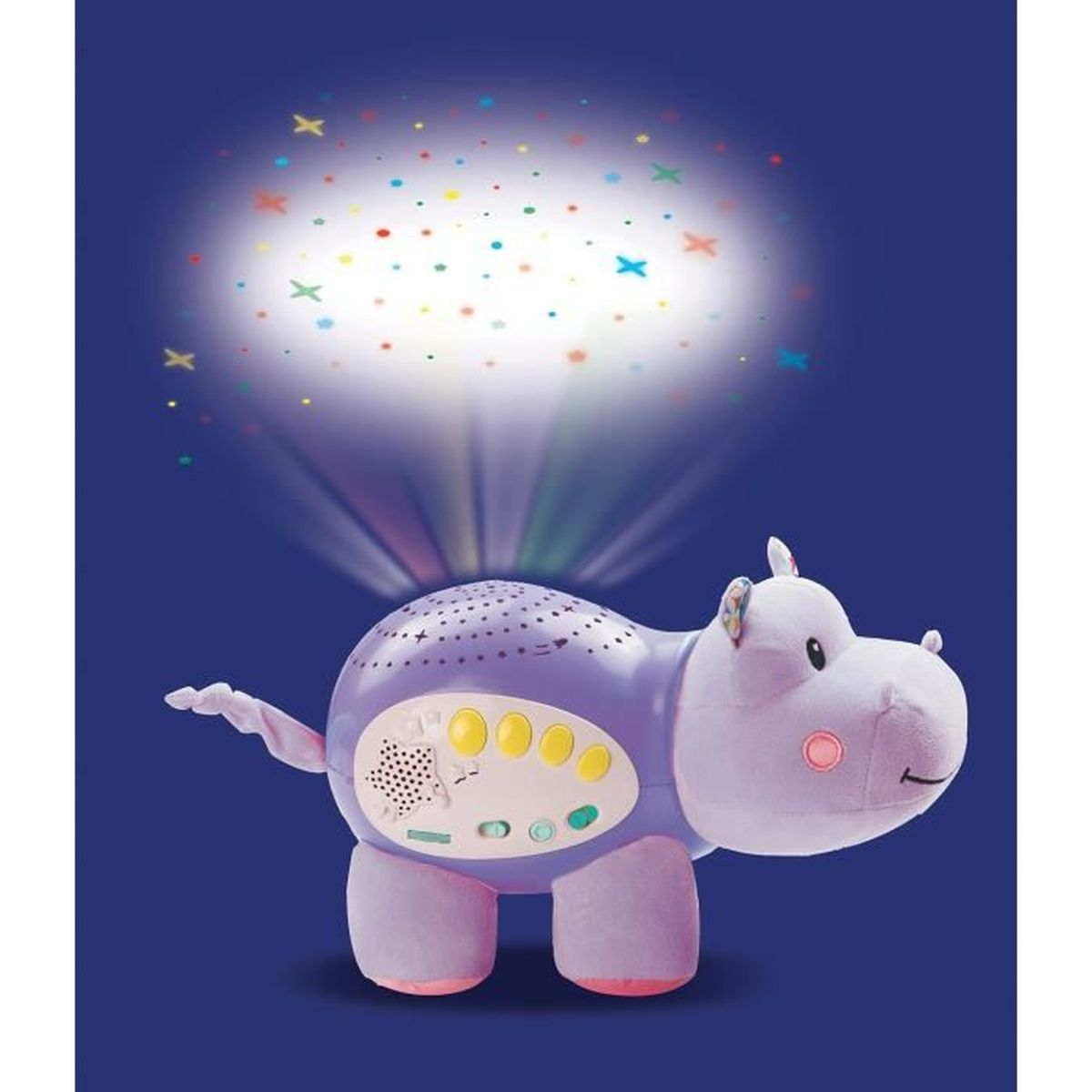 A purple hippo night light projects colorful stars and beams of light.
